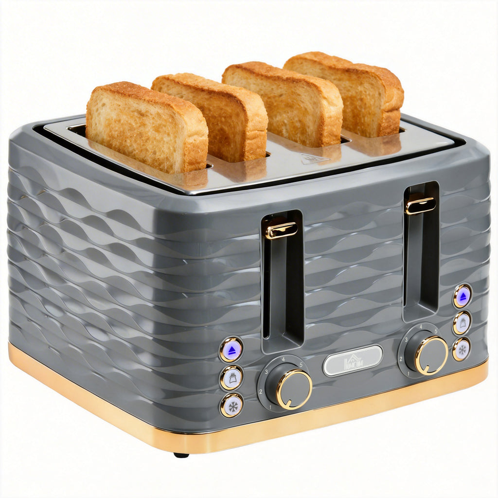 Toaster für 4 Scheiben mit 7 Bräunungsstufen, High-Lift, Aufwärm-/Auftau-/Abbruchs-Funktion, Graue Wellenoptik