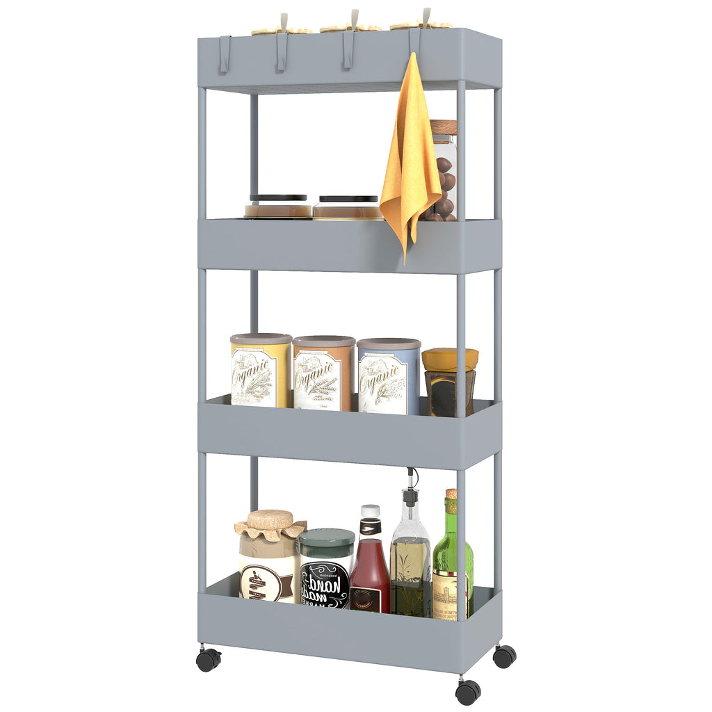 K¨¹chenwagen mit 4 Regalen, 4 flexiblen Haken, 4 Rollen, 40 cm x 19 cm x 90 cm, Nischenwagen, Grau