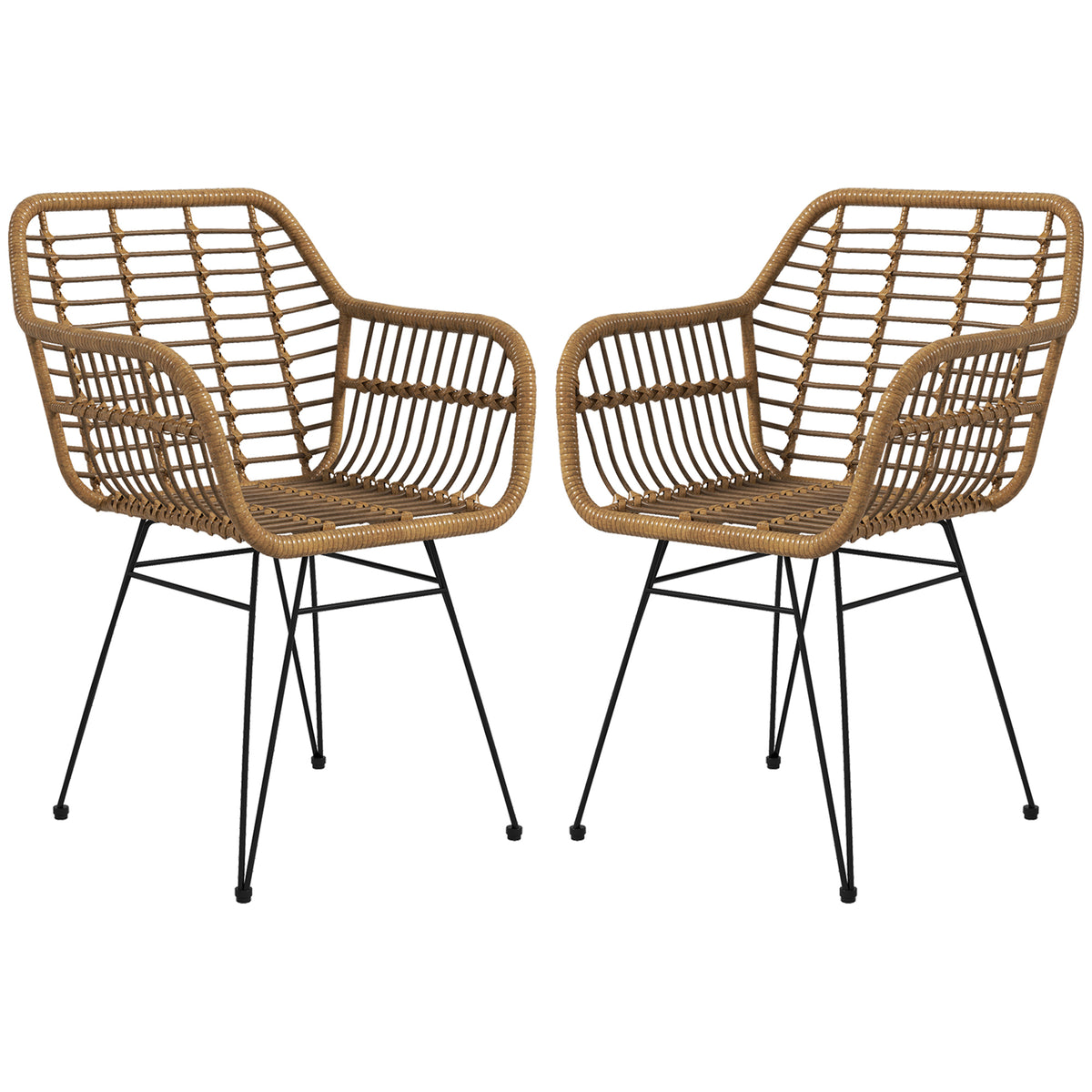2-er-Set Stühle im Boho-Stil, Küchenstühle, PE-Rattan, 56 x 60 x 79 cm, Natur + Schwarz