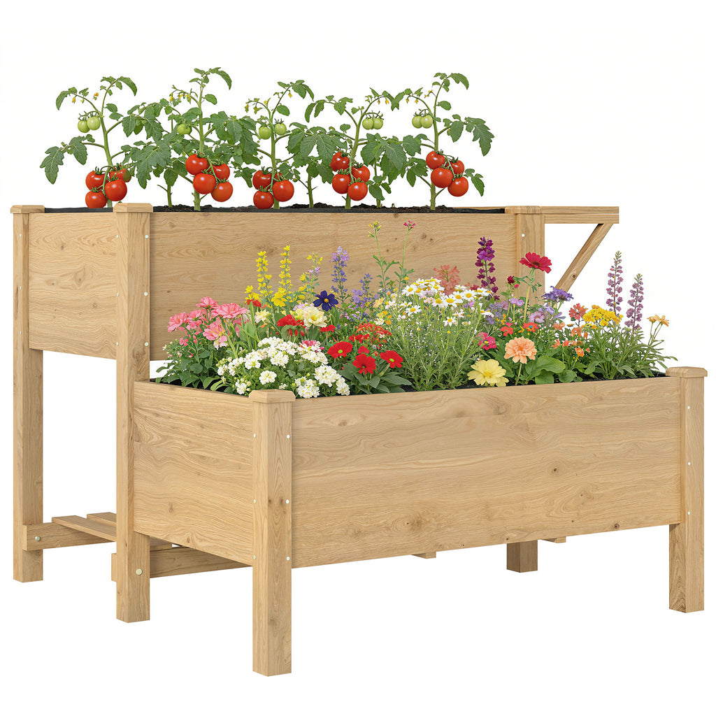 Hochbeet 2-stufig erhöhter Pflanzkasten mit Vliesstoff Abflussloch, Holz 119,5 x 102 x 76,5 cm Hellbraun