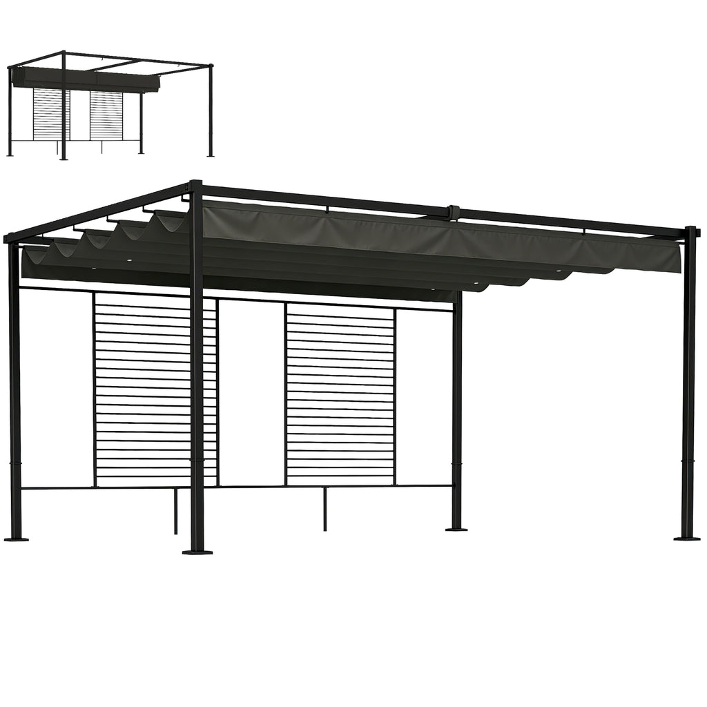 Pergola 3,87 x 2,97 m Terrassenüberdachung mit Schiebedach, 2 Sichtschutz, UV 50+ Dunkelgrau