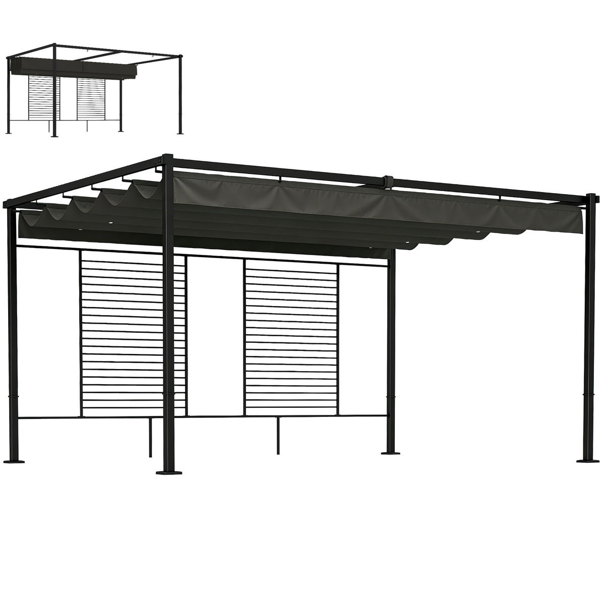 Pergola 3,87 x 2,97 m Terrassenüberdachung mit Schiebedach, 2 Sichtschutz, UV 50+ Dunkelgrau