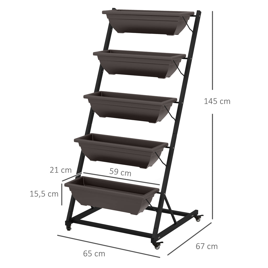 5-Etagen Pflanzenst?nder, 145 cm hoch Blumenst?nder mit Rollen T?pfe, Pflanzenregal aus Stahl Braun