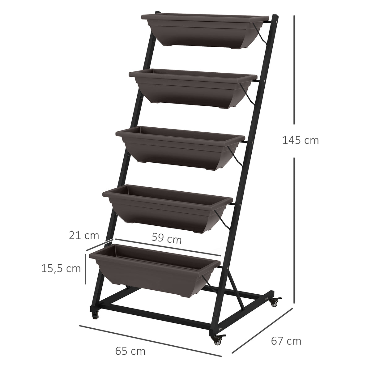 5-Etagen Pflanzenst?nder, 145 cm hoch Blumenst?nder mit Rollen T?pfe, Pflanzenregal aus Stahl Braun