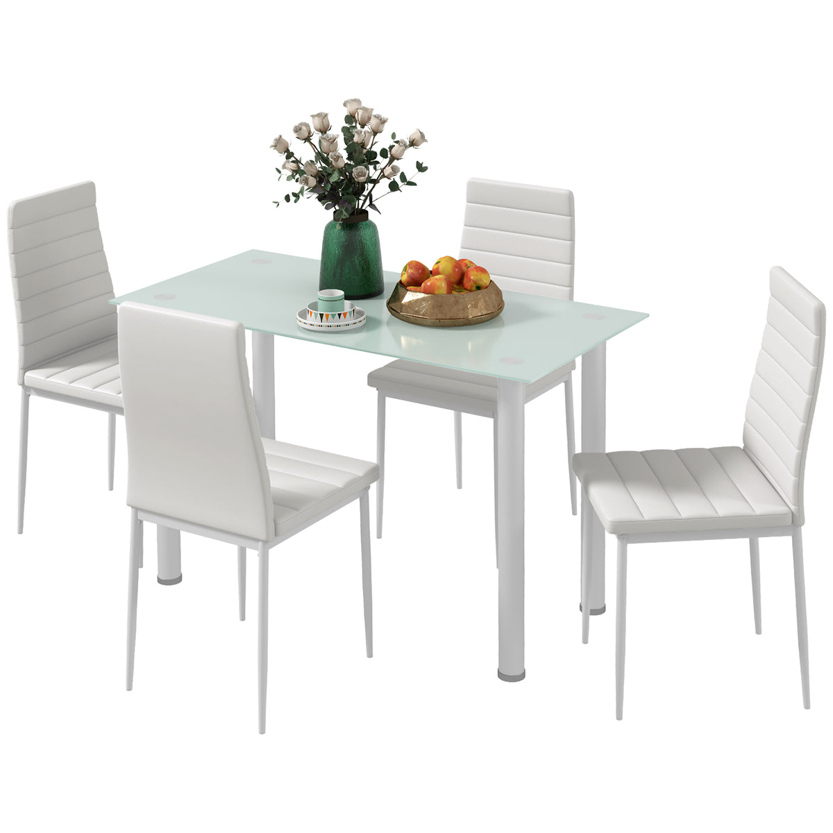 5-tlg. Essgruppe Sitzgruppe Esstisch mit 4 Stühlen, modernes Design, Glastisch, Weiß