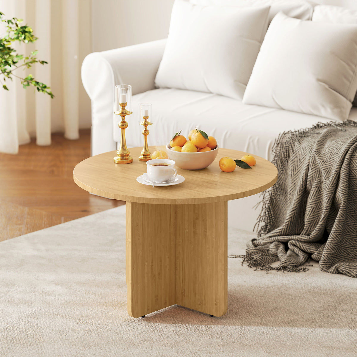 Runder Couchtisch, Bambus-Wohnzimmertisch mit Kreuzfu?, Natur