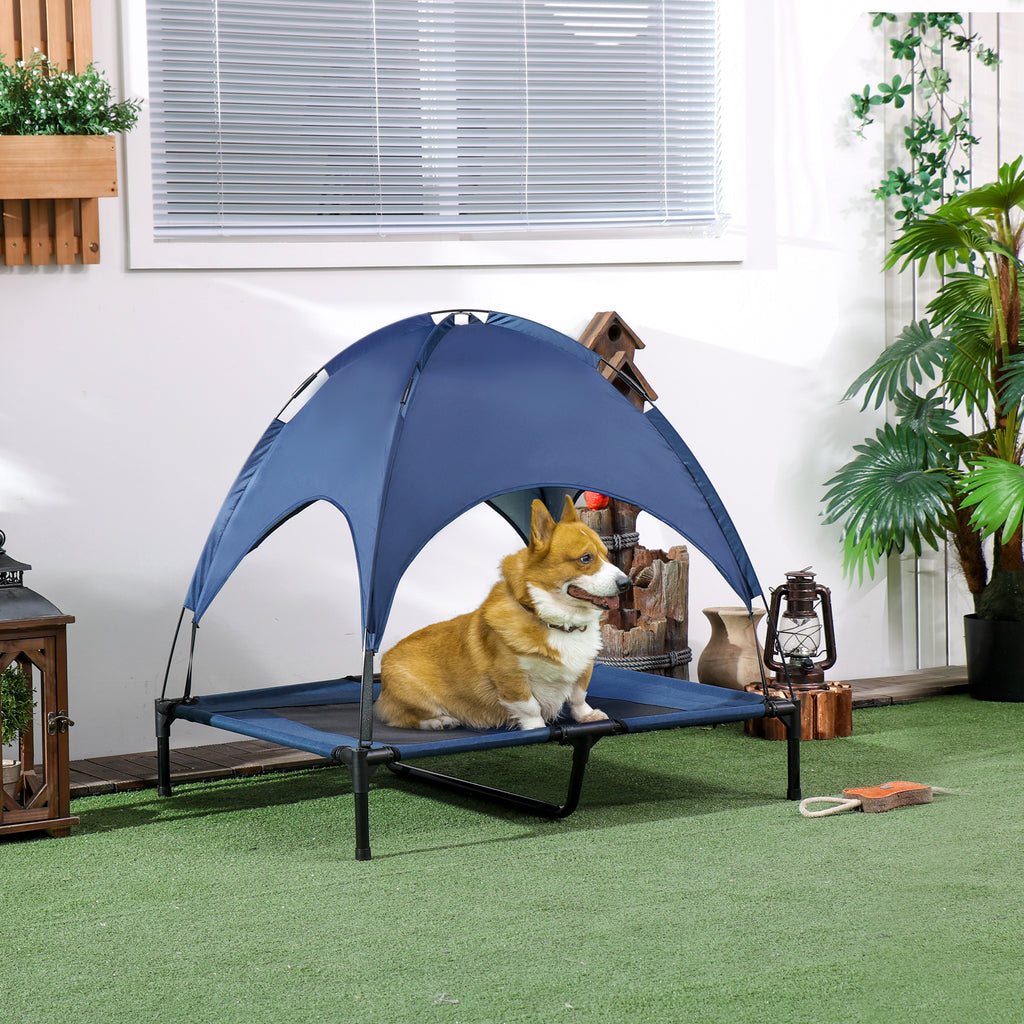 Hundebett mit Baldachin, Outdoor-Hundebett, klappbar, erhöhter Stand, Blau + Schwarz