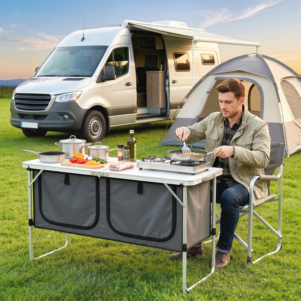 Camping Cupboards Folding Portable Aluminium Camp Cook Station with Storage Cupboard for Outdoor BBQ