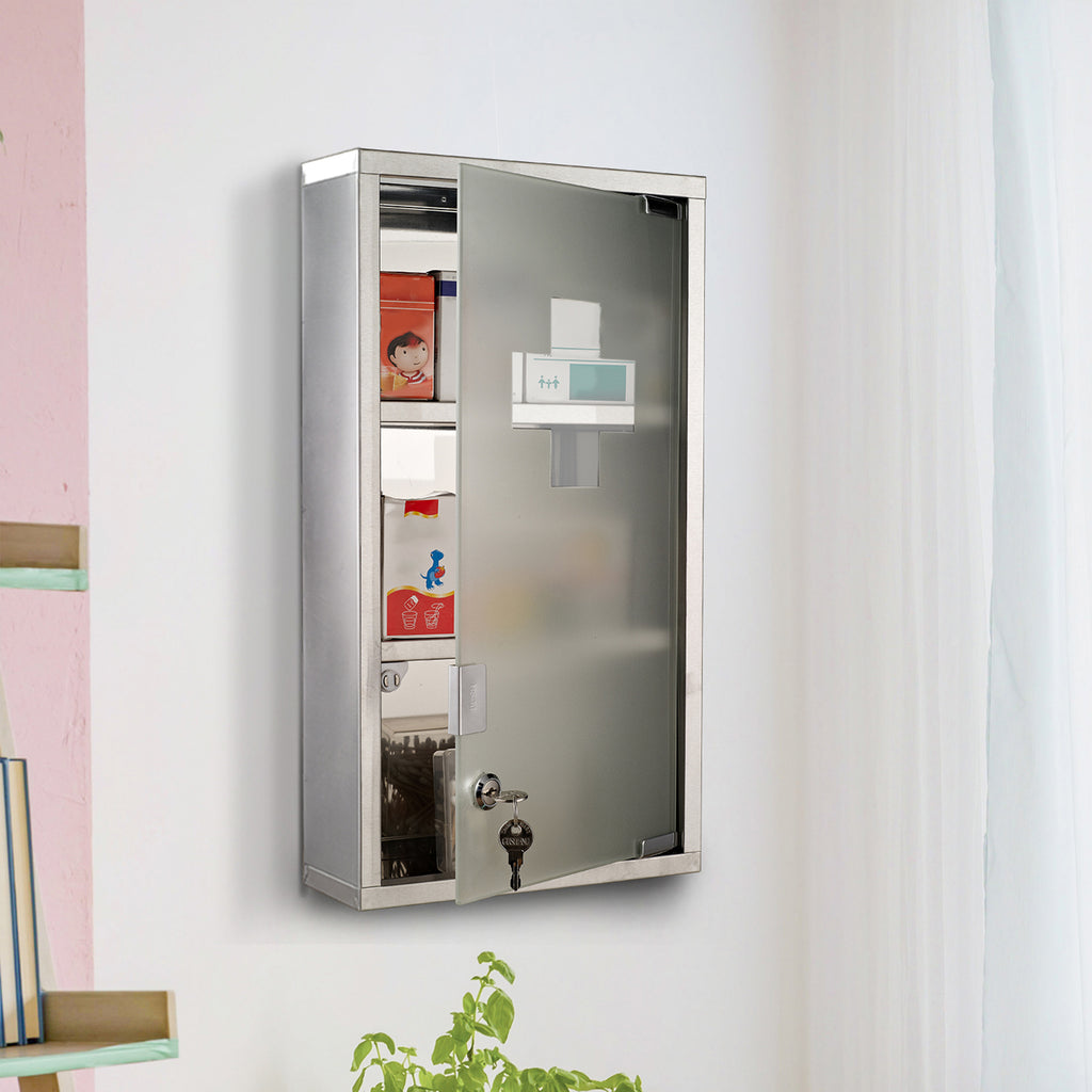 Medizinschrank aus Edelstahl Arzneischrank zur Medikamenten-Aufbewahrung, Abschlie?bar Medikamentenschrank mit 3 F?cher, Glast¨¹r 25 x 12 x 48 cm, Silber
