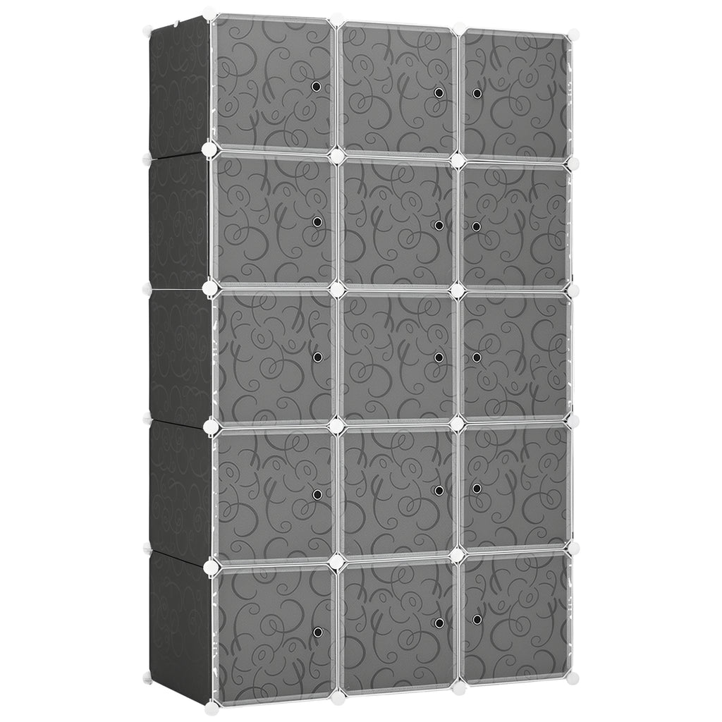 Portable Wardrobe for Bedroom, 15 Cube Closet with Hanging Rail, Modular Storage Cabinet, Plastic Armoire for Space Saving, White and Black