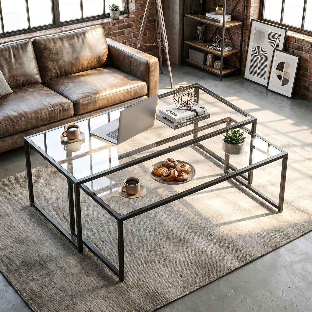 2er-Set Couchtische, Glastische, mit pulverbeschichtetem Stahl, Schwarz + Transparent