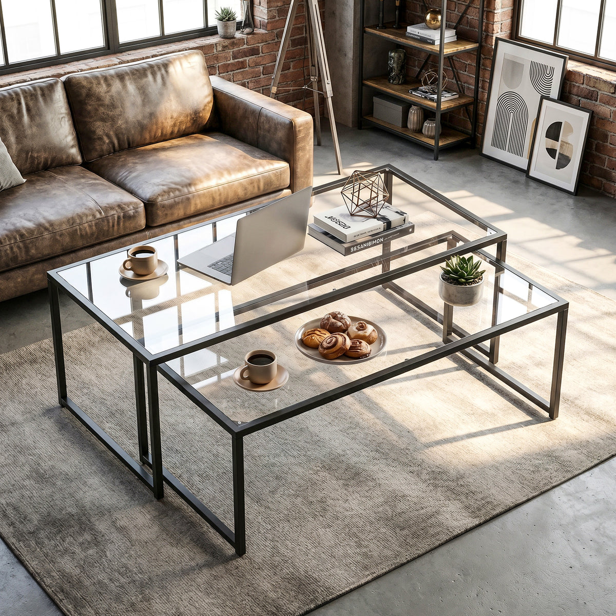 2er-Set Couchtische, Glastische, mit pulverbeschichtetem Stahl, Schwarz + Transparent