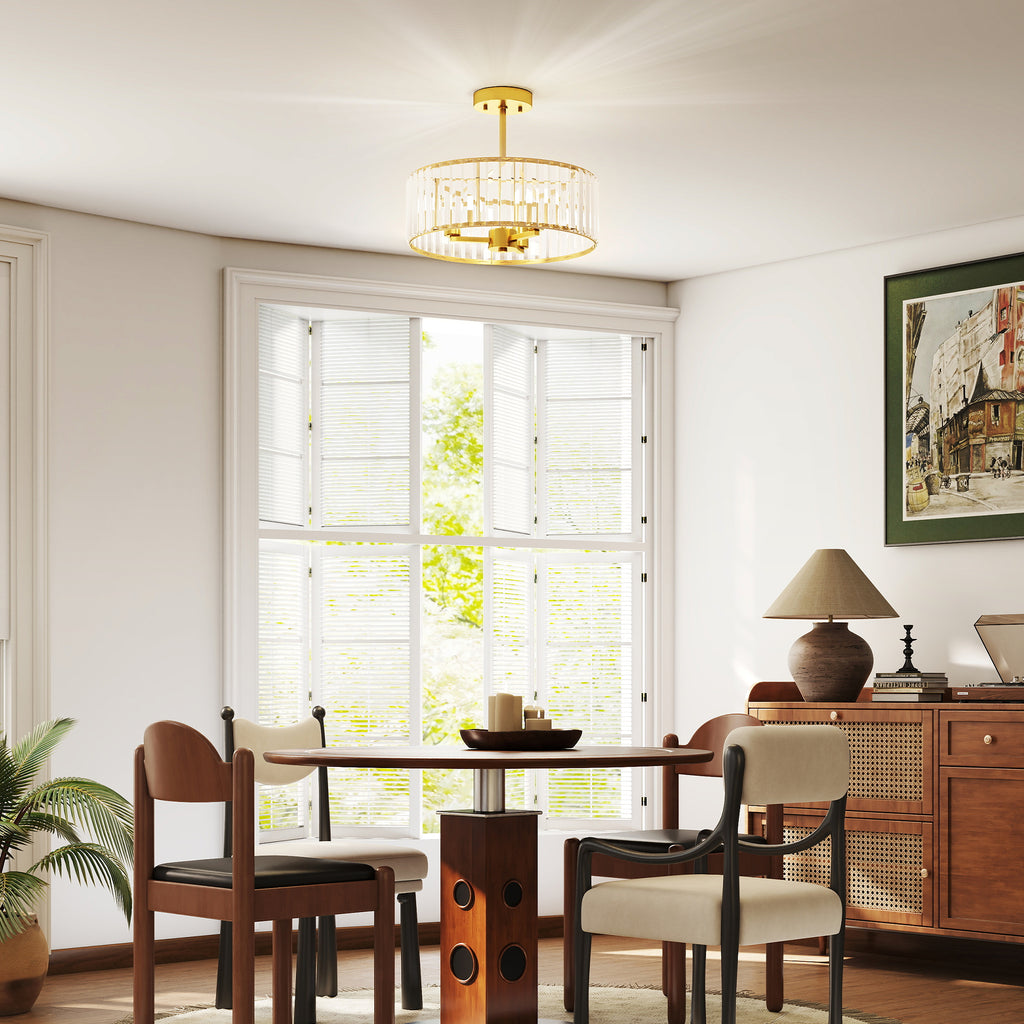 Deckenlampe, Kronleuchter-Design, Kristallschirm, 3 Glühbirnen, Metall, Goldfarben