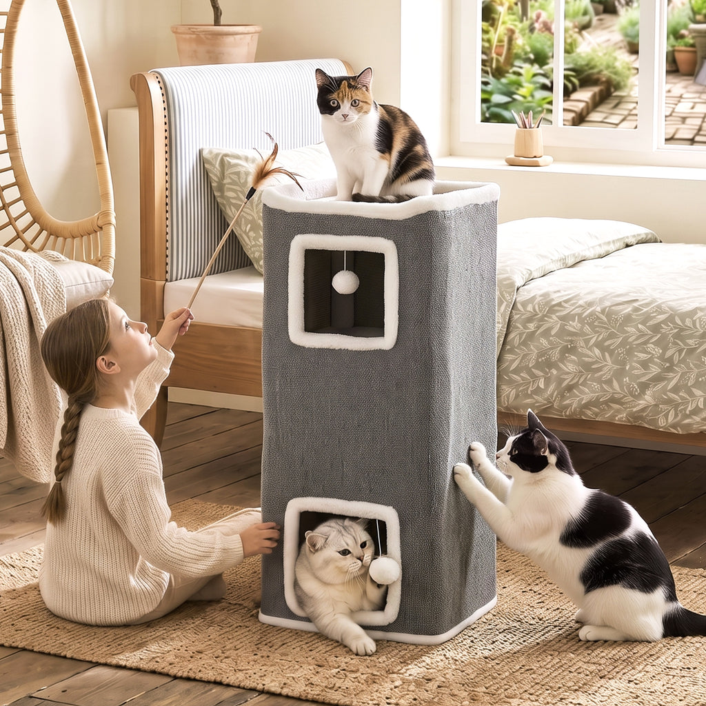 Kratztonne 100 cm Hoch 41 x 41 cm Vierstöckig für 1-2 Katzen Grau