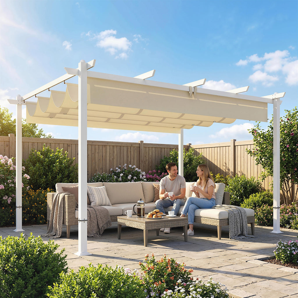 Pergola 3 x 4 m Terrassenüberdachung mit Schiebedach, magnetische Verschlüsse, UV30+ Beige