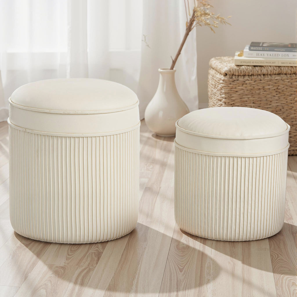 2er Set Sitzhocker mit Stauraum Hocker mit Deckel, Runder Fu?hocker mit Samtoptik 36 x 36 x 41,5 cm Cremewei?