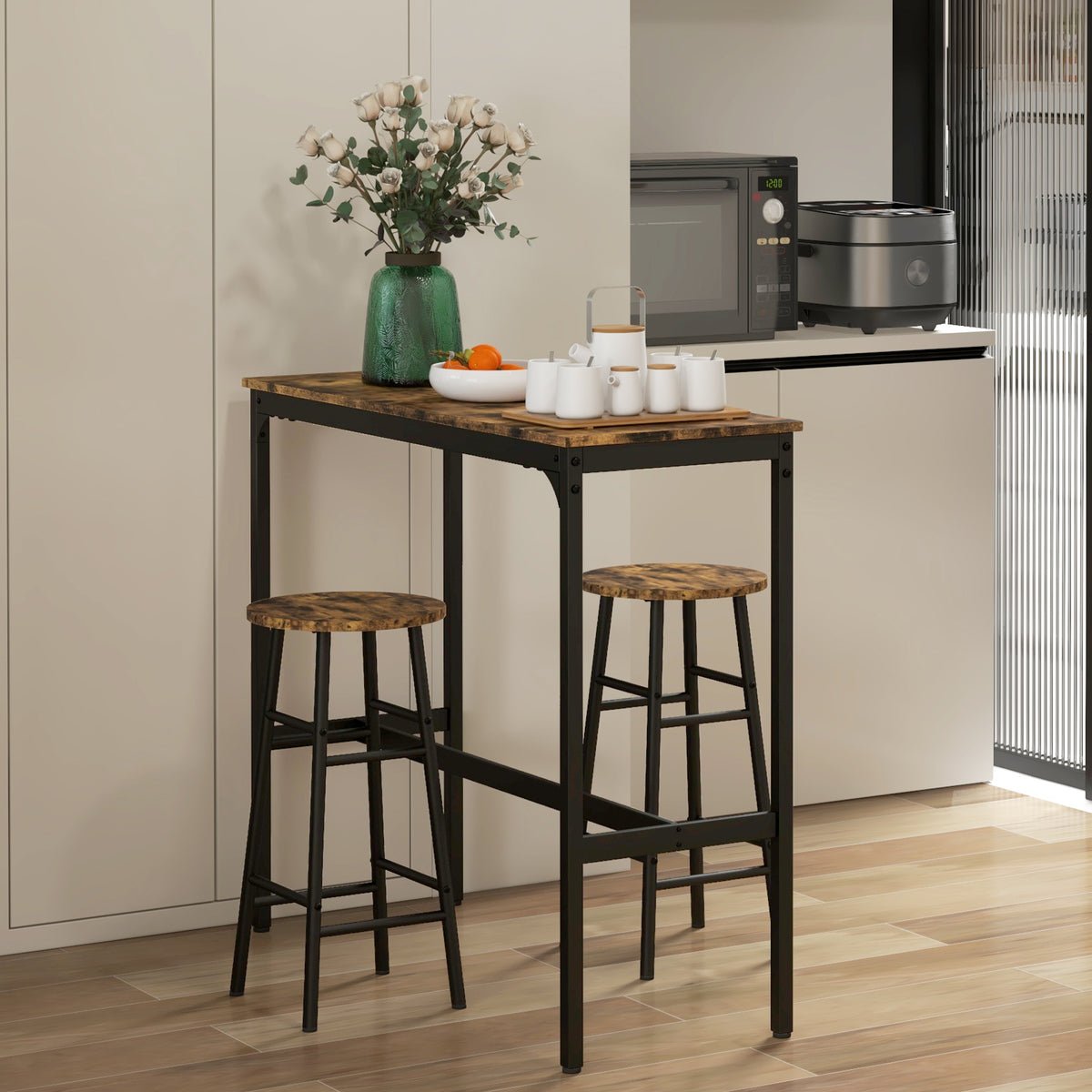 3 Piece Bar Table Set with 2 Stools, Industrial Bar Table and Stool Set, Dining Table and Chair Set, Rustic Brown