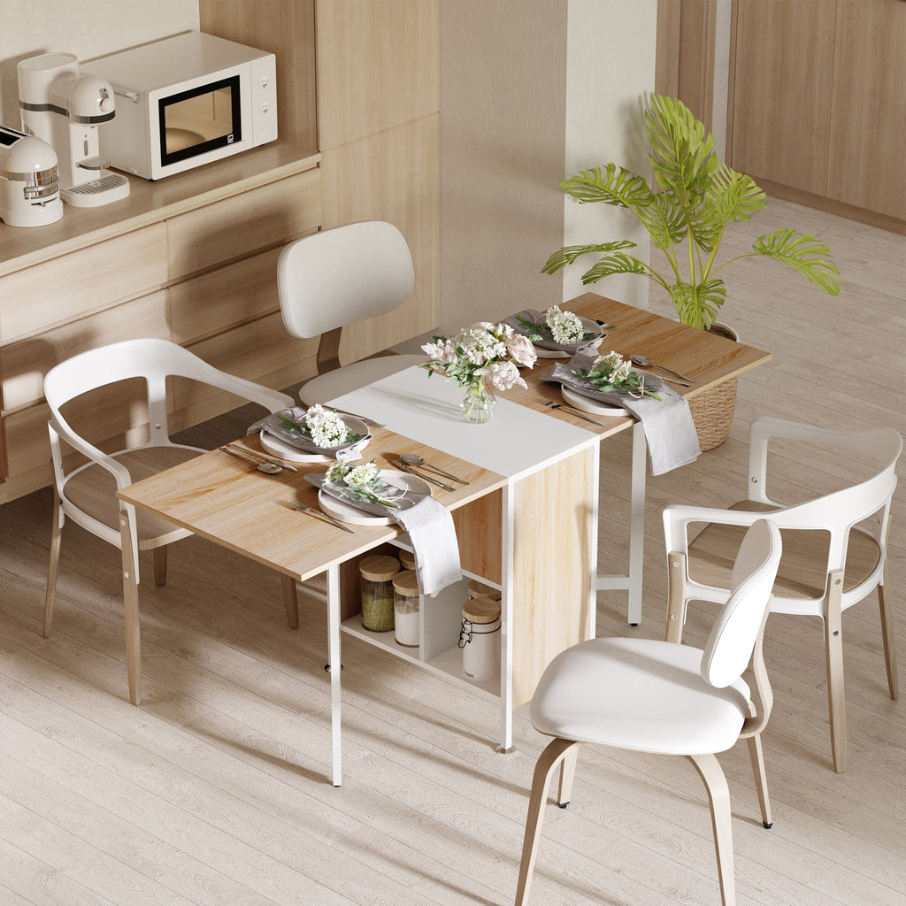  Esstisch Klappbar Küchentisch mit Offenen Ablage, platzsparend Klapptisch Esszimmertisch für Kleine Räume, Esszimmer, Küche 169 x 60 x 75 cm Natur+Weiß