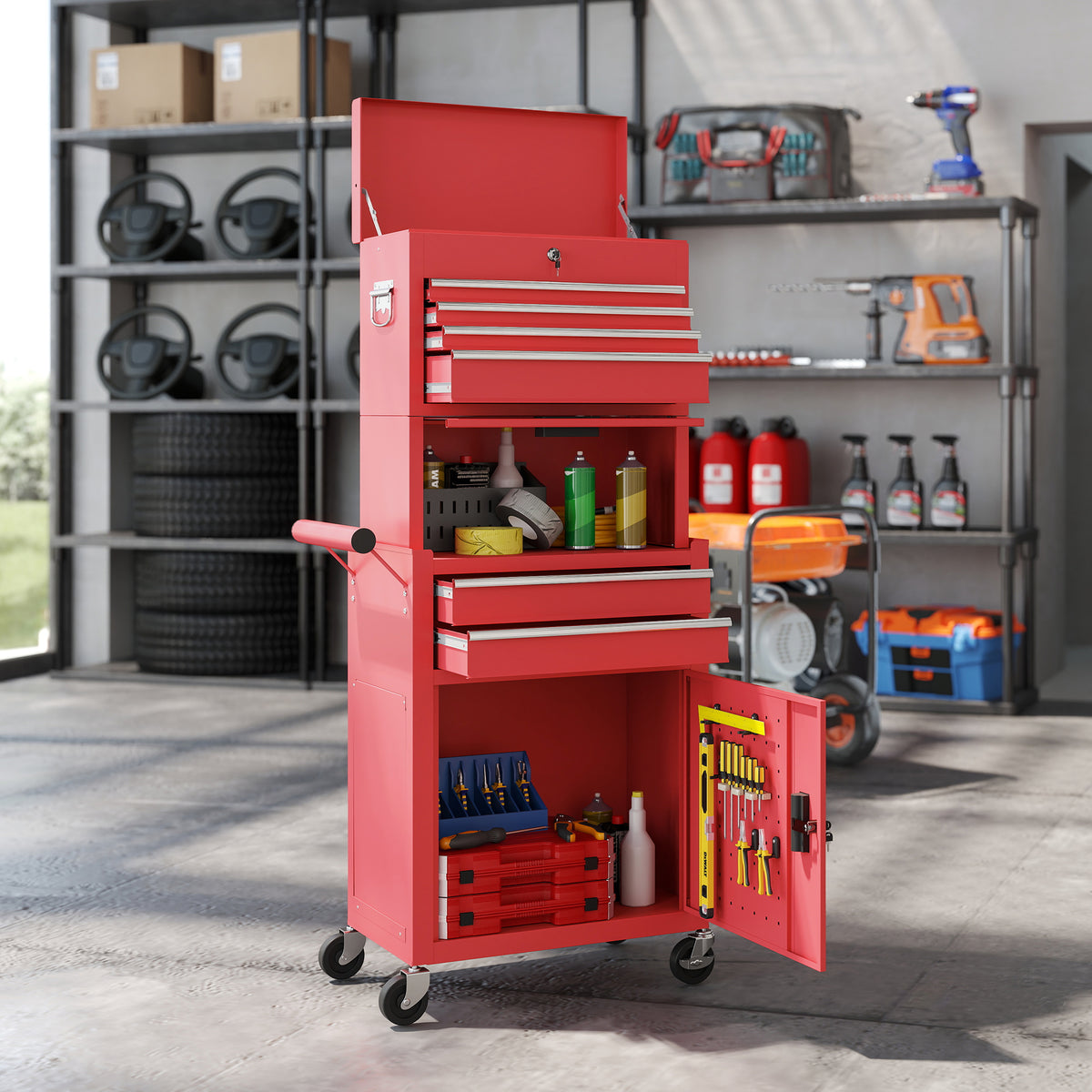 Three-Part Steel Locking Tool Chest - Red