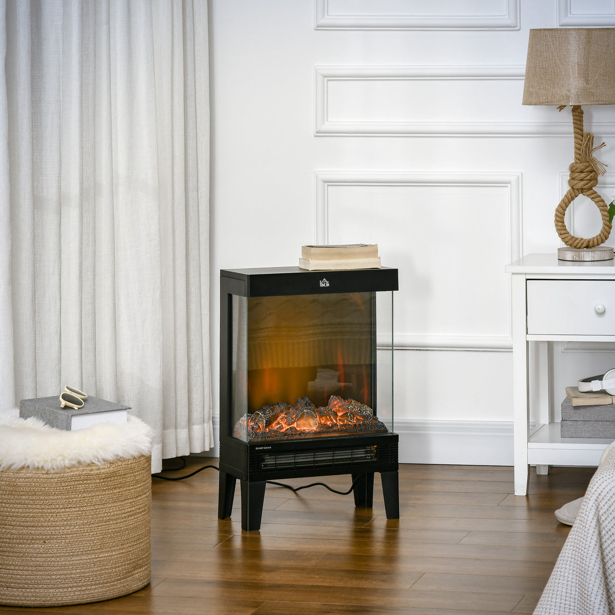 Elektrokamin, 2000 W, Standkamin mit Heizung LED 3D-Flammeneffekt, 4 Helligkeitsstufen, Elektrischer Kamin mit Thermostat, Überhitzungsschutz, Schwarz