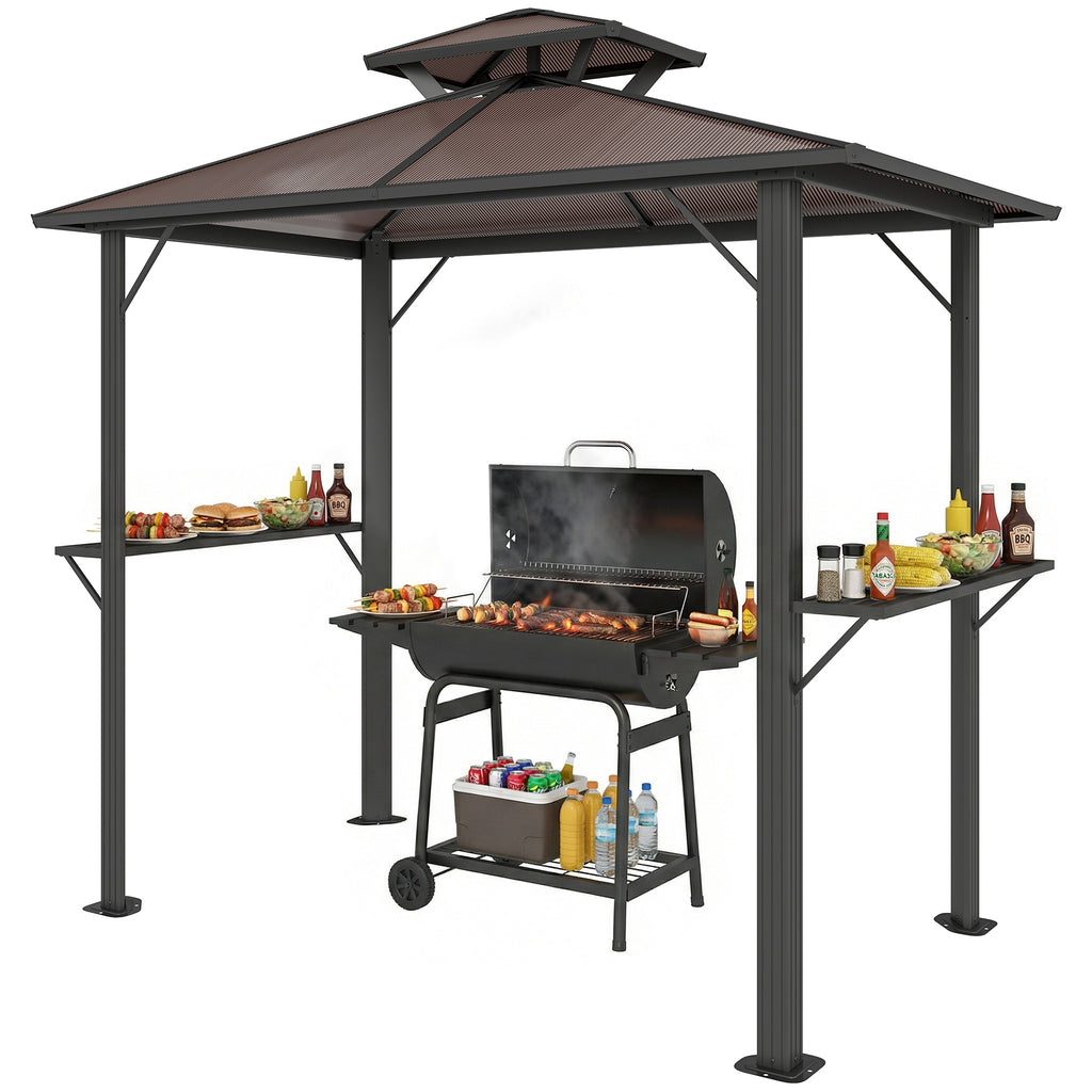 2.5 x 1.5 m Hardtop Grill Gazebo with Double Roof, Aluminium Outdoor BBQ Gazebo Shelter with 2 Side Shelves, Brown