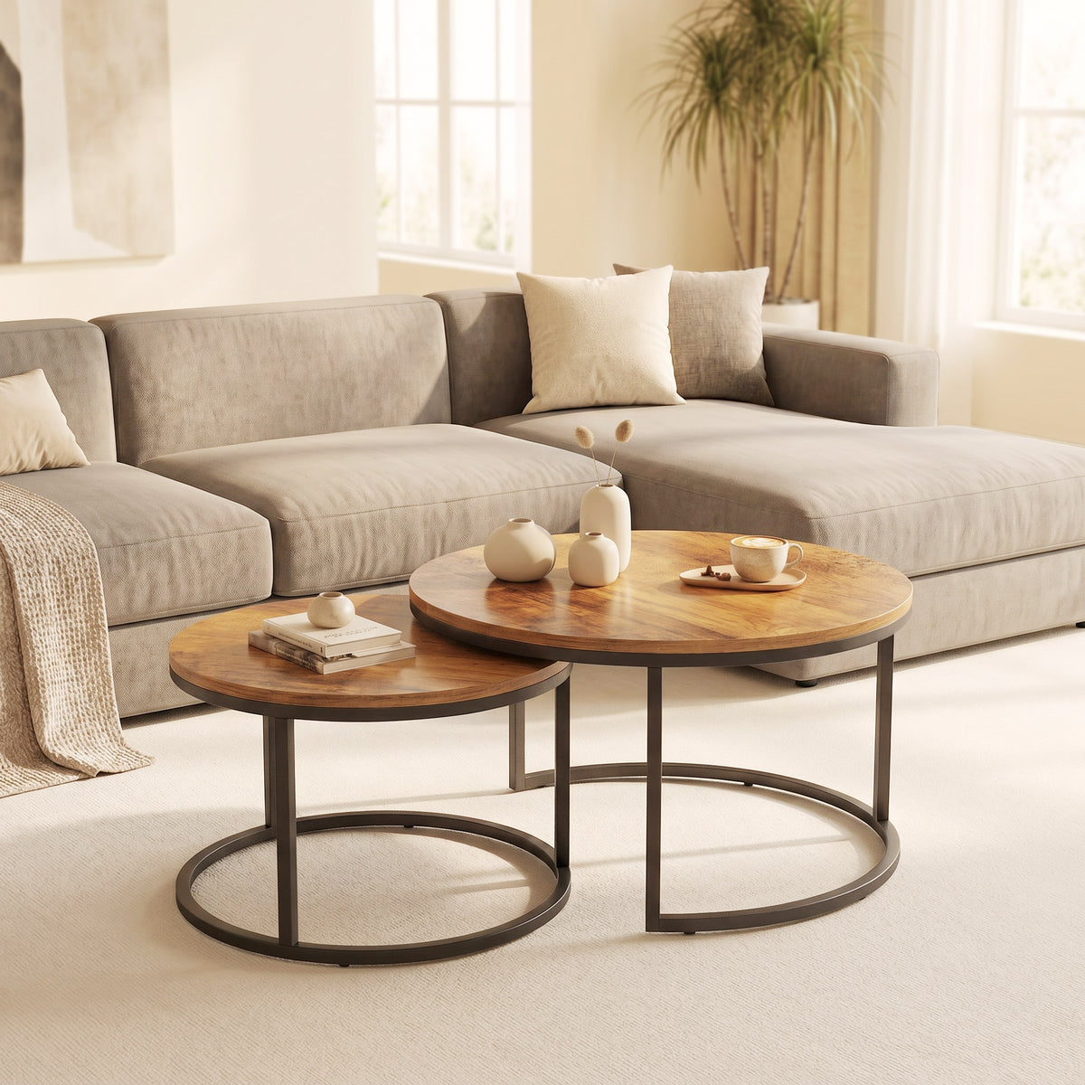 Rundes Couchtisch-Set, 2-teilig, Industrielle Beistelltische mit Metallrahmen für Wohnzimmer und Schlafzimmer, Braun