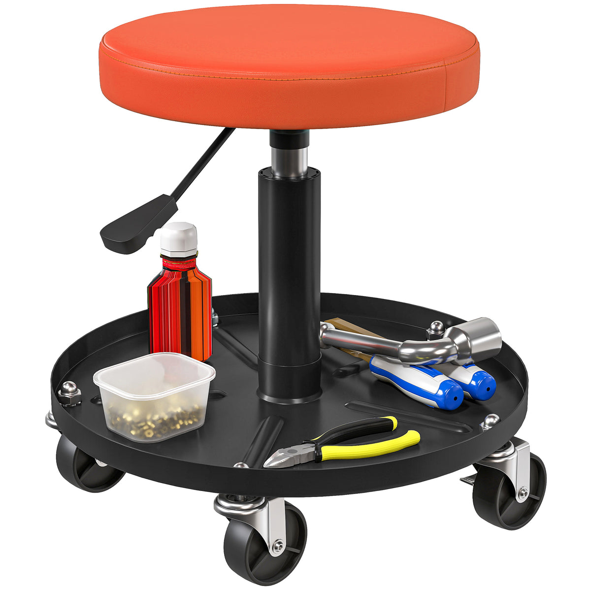 Werkstatthocker mit Rollen Ablagefläche höhenverstellbar 38-50cm bis 135 kg belastbar Orange