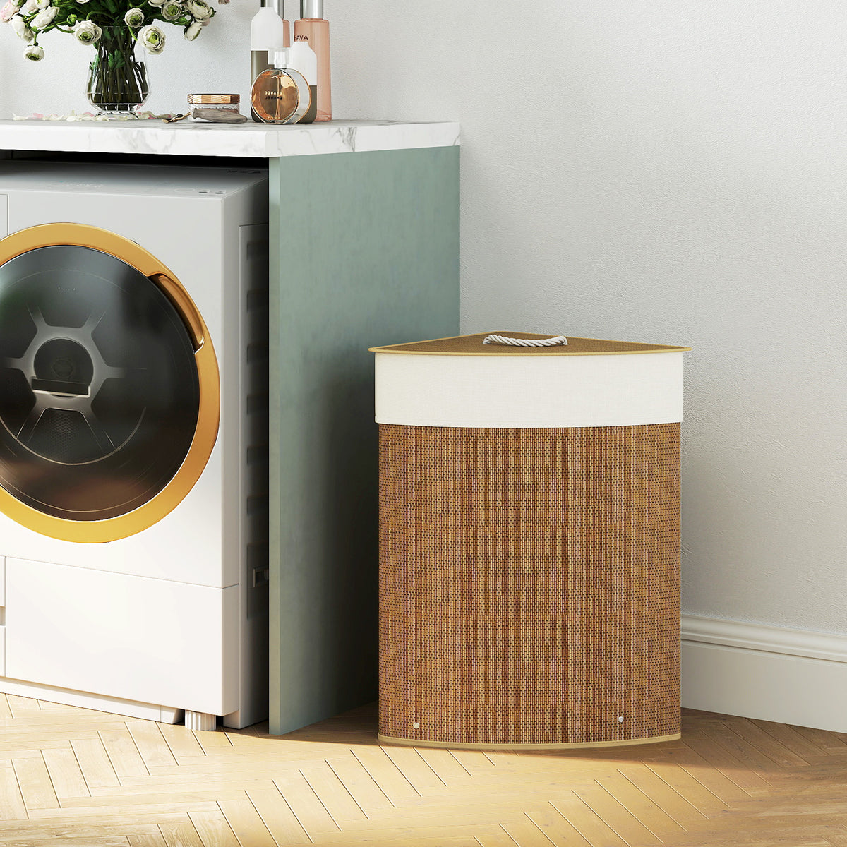 Wäschekorb im Eckdesign, Bambusgeflecht, 55 Liter, Stoffbeutel, Metallrahmen, Braun