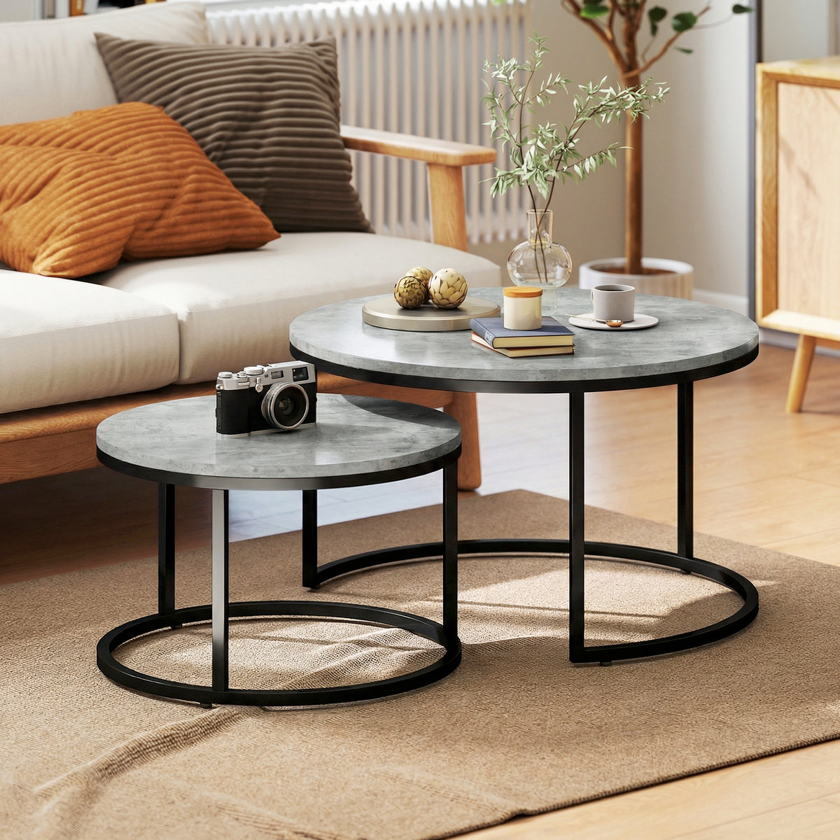 Set of Two Cement-Effect Stacking Tables - Grey