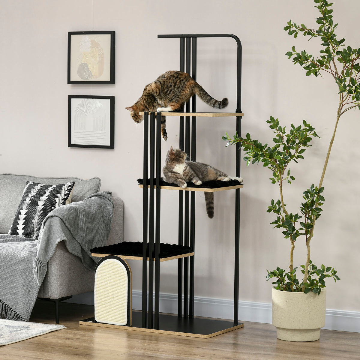 Kratzbaum, Industrial Design, 3 Plattformen, 2 Liegekissen, Kratzwand, Stahlrahmen, schwarz, 85 x 48 x 170 cm