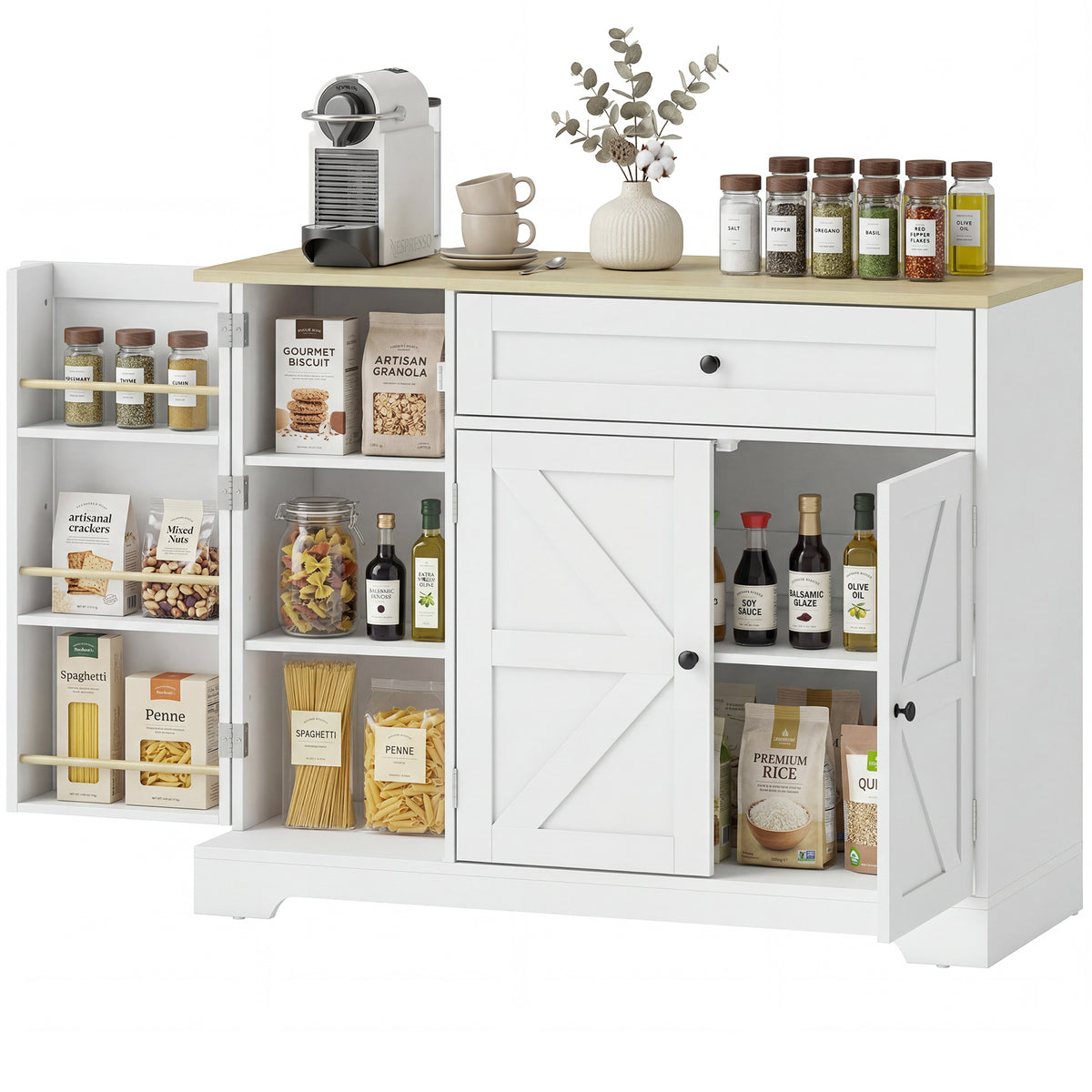 Sideboard, Landhausstil Küchenschrank mit Schiebetüren, 1 Schublade, 2 verstellbaren Einlegeböden, Türregalen