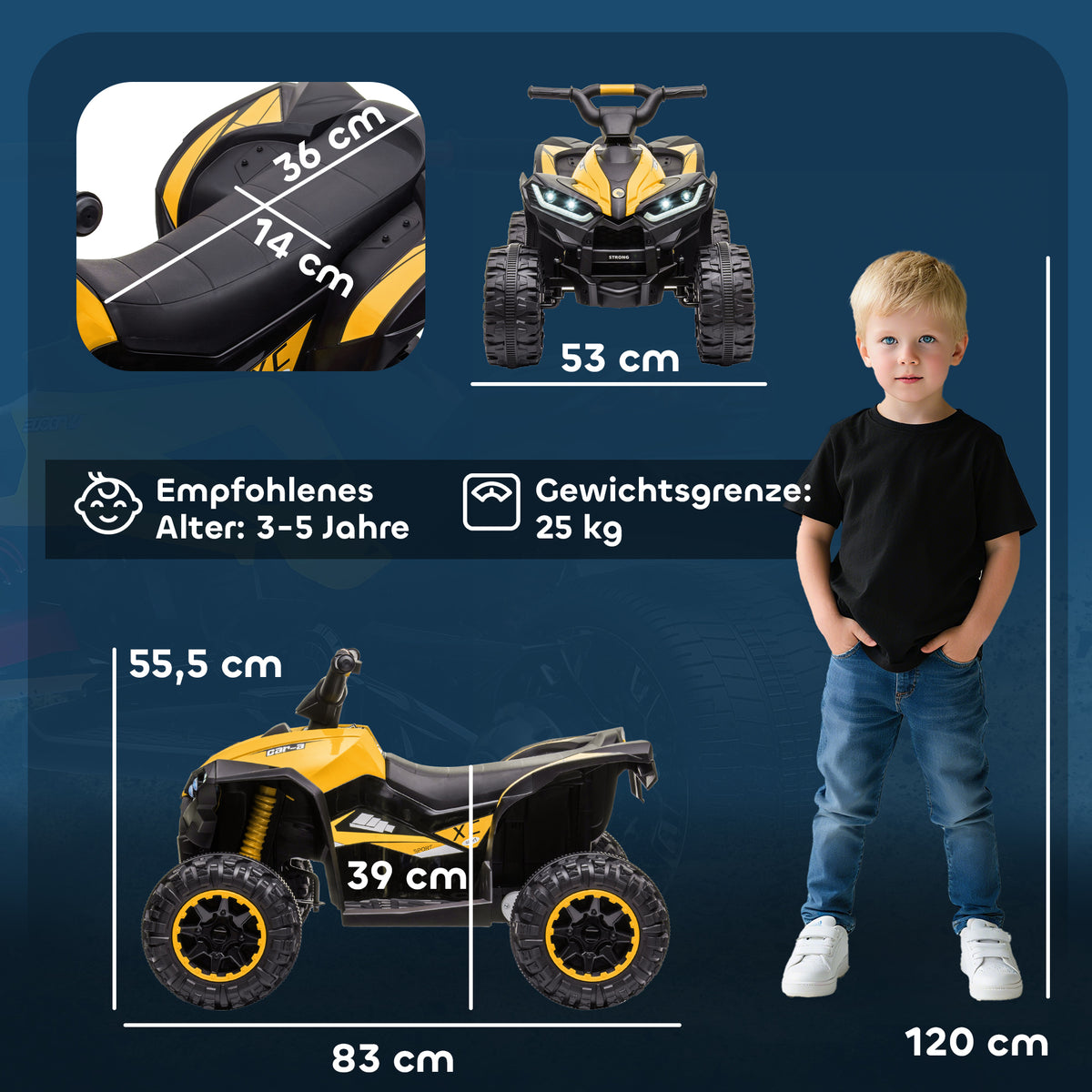 Elektro-Kinderquad, LED-Scheinwerfer, Sto?d?mpfer, ergonomischer Sitz, Gelb+Schwarz