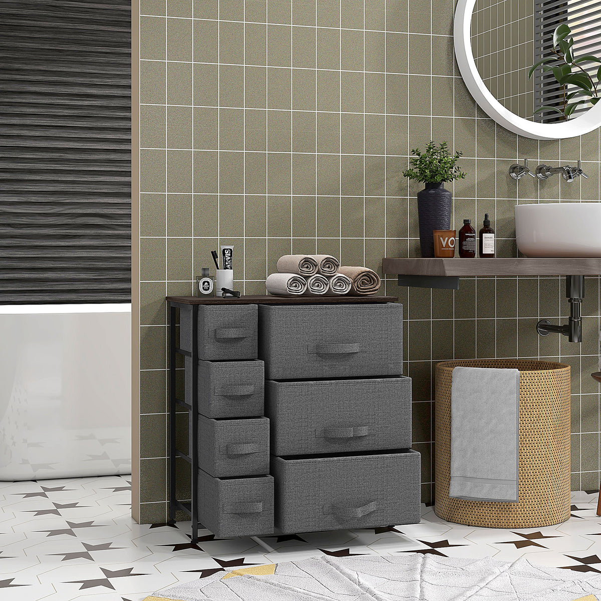 Chest of Drawers with 7 Drawers, Fabric Drawers with Large Storage Space, Drawers Dresser with Metal Frame, Adjustable Feet for Bedroom Living Room, Dark Grey