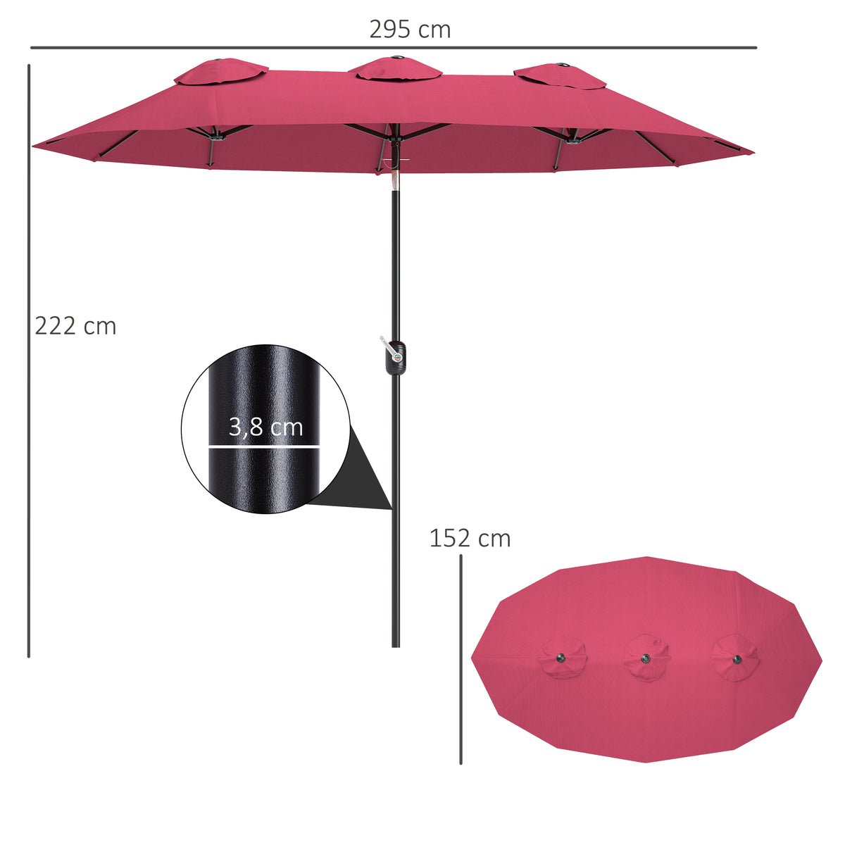 Sonnenschirm, Gartenschirm, neigbar, mit Handkurbel, Winddach, Polyester+Stahl, Weinrot, 295 x 152 cm