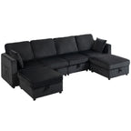 Ecksofa 4-Sitzer U-Form Sofa mit Stauraum-Ottomane, 306 cm Eckcouch mit Cord-Optik, 4 Kissen, für Wohnzimmer