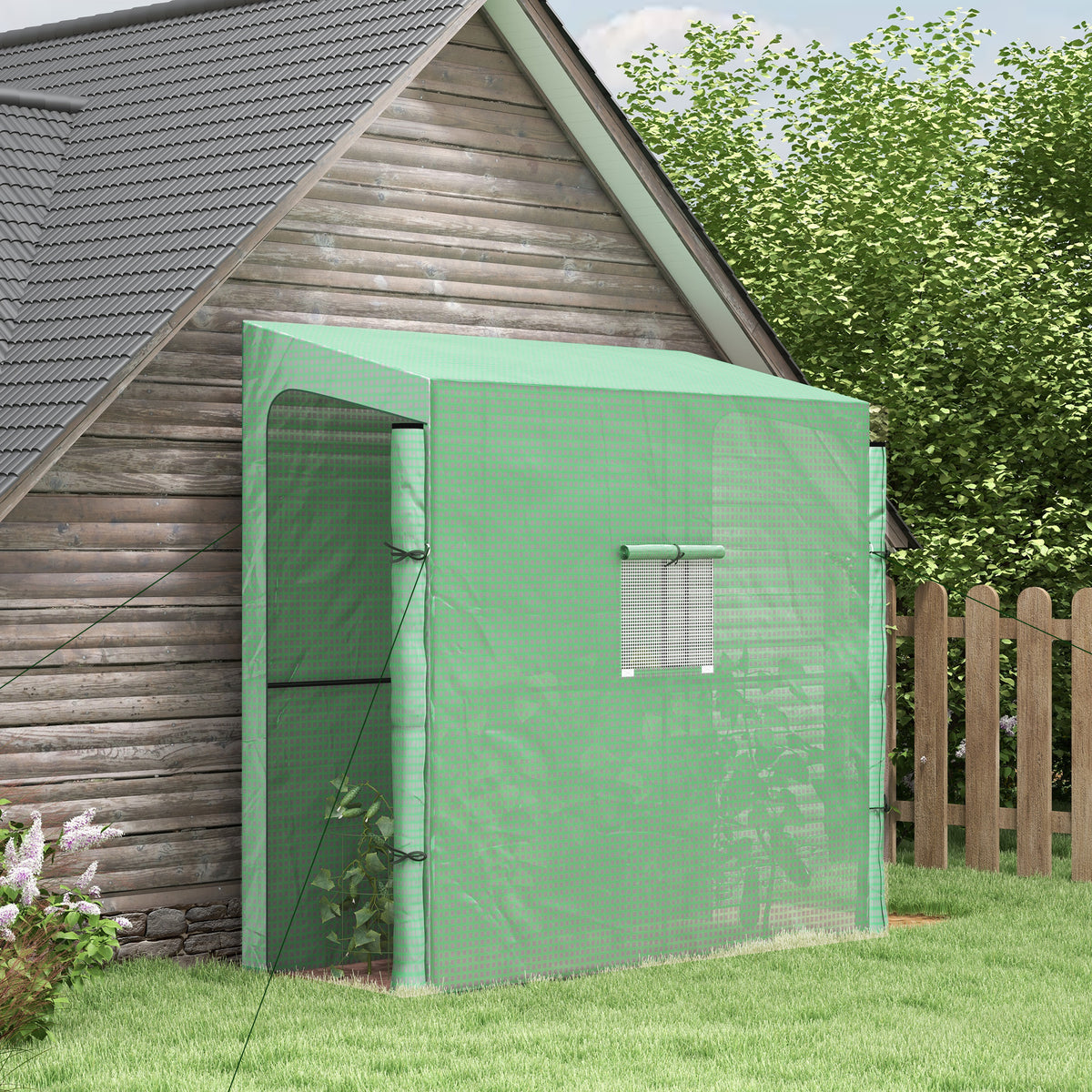 Anlehn-Gewächshaus Frühbeet Treibhaus, aufrollbare Türen, wetterbeständig, 200 cm x 80 cm x 200 cm, Grün