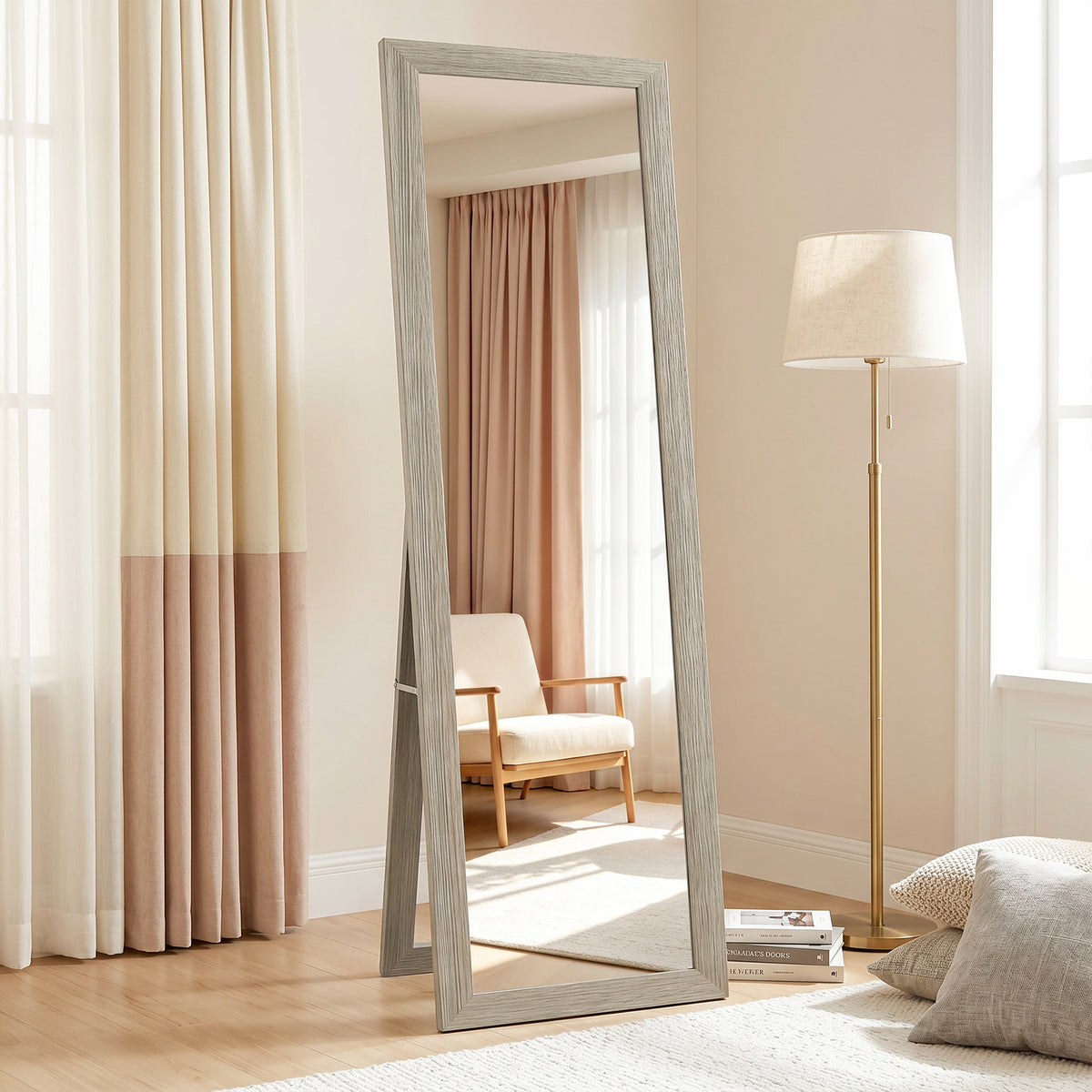 Full Length Mirror, 37 x 157 cm, Hanging or Freestanding, Rectangular Full Body Mirror for Living Room, Bedroom, Grey