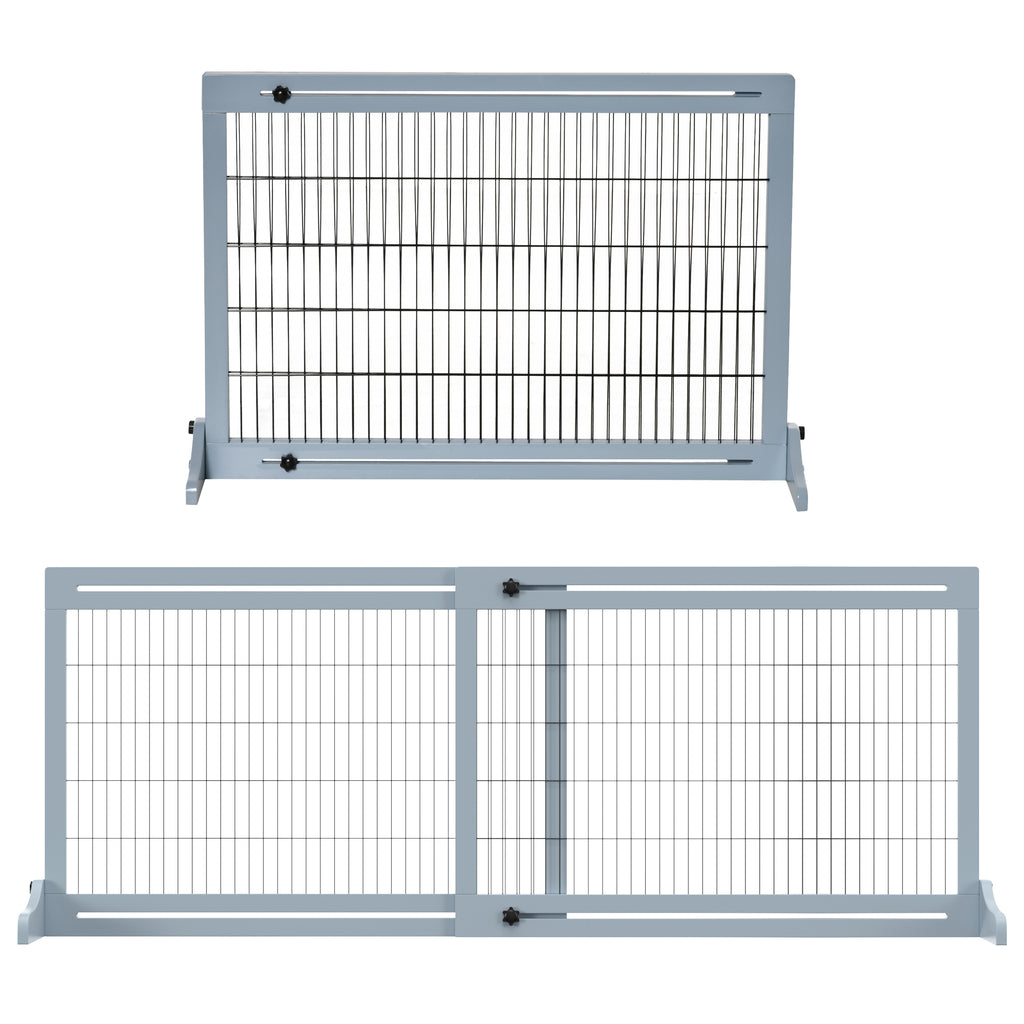 Freestanding Dog Gate, Foldable Pet Fence, Indoor Wood Barrier, Stair Gate with Support Feet, for Doorway, Hallway, Small and Medium Dogs, 69H x 104-180 cm, Blue-grey