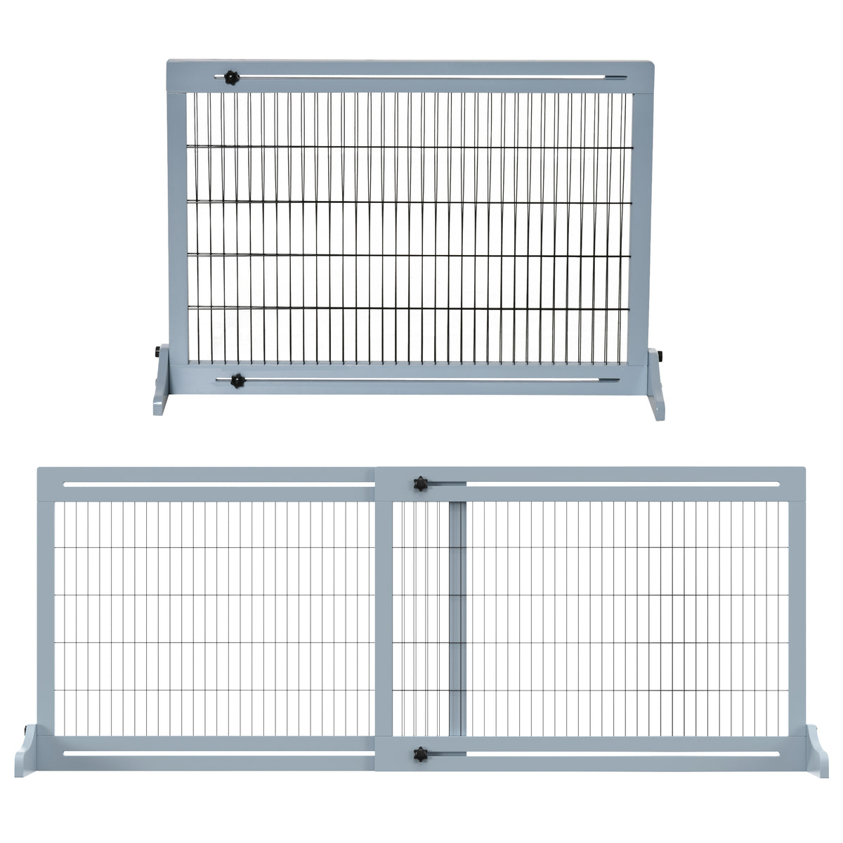 Freestanding Dog Gate, Foldable Pet Fence, Indoor Wood Barrier, Stair Gate with Support Feet, for Doorway, Hallway, Small and Medium Dogs, 69H x 104-180 cm, Blue-grey