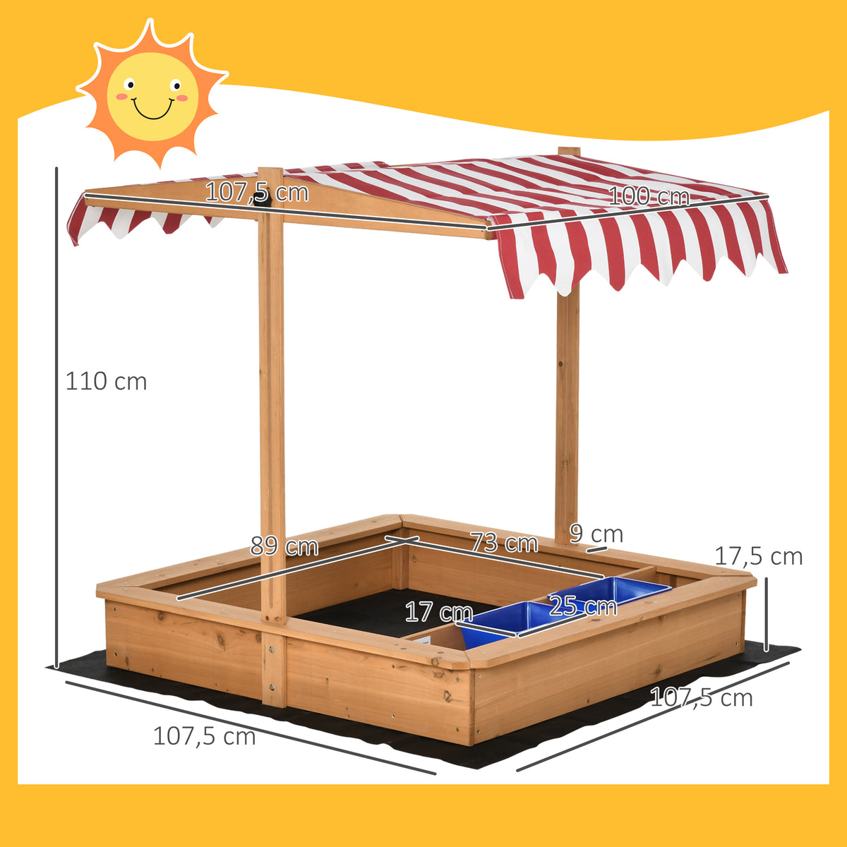  Sandkasten 107,5 x 107,5 cm Kinder Sandbox mit höhenverstellbar Abdeckung, Sandkiste aus Holz für Kinder 3-7 Jahre für Outdoor Garten Terrasse Balkon