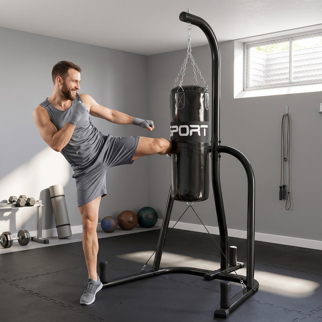 Boxsackständer Freistehender Boxsackhalter mit Boxsack Bungee-Seil 360° Kette U-basis Hantelscheibenhalterung Stahl