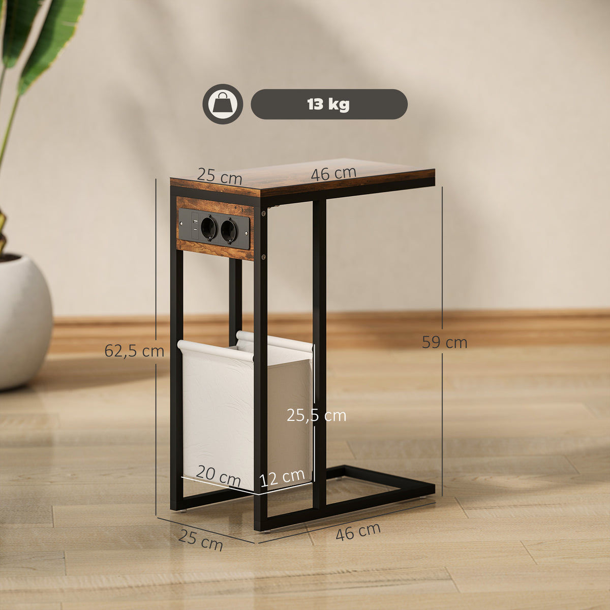 Beistelltisch mit Steckdosen, USB-Anschl¨¹ssen, Kabel, C-f?rmiges Design