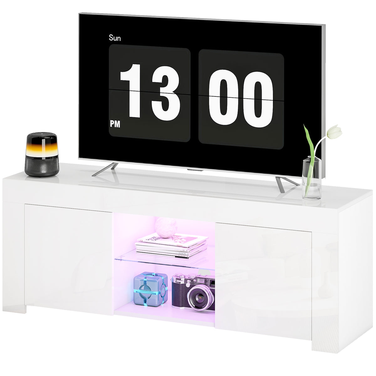 TV-Schrank mit LED-Beleuchtung, 2 Schrankt¨¹ren, Glasregal, Kabell?cher, f¨¹r Wohnzimmer, Spanplatte, Wei?