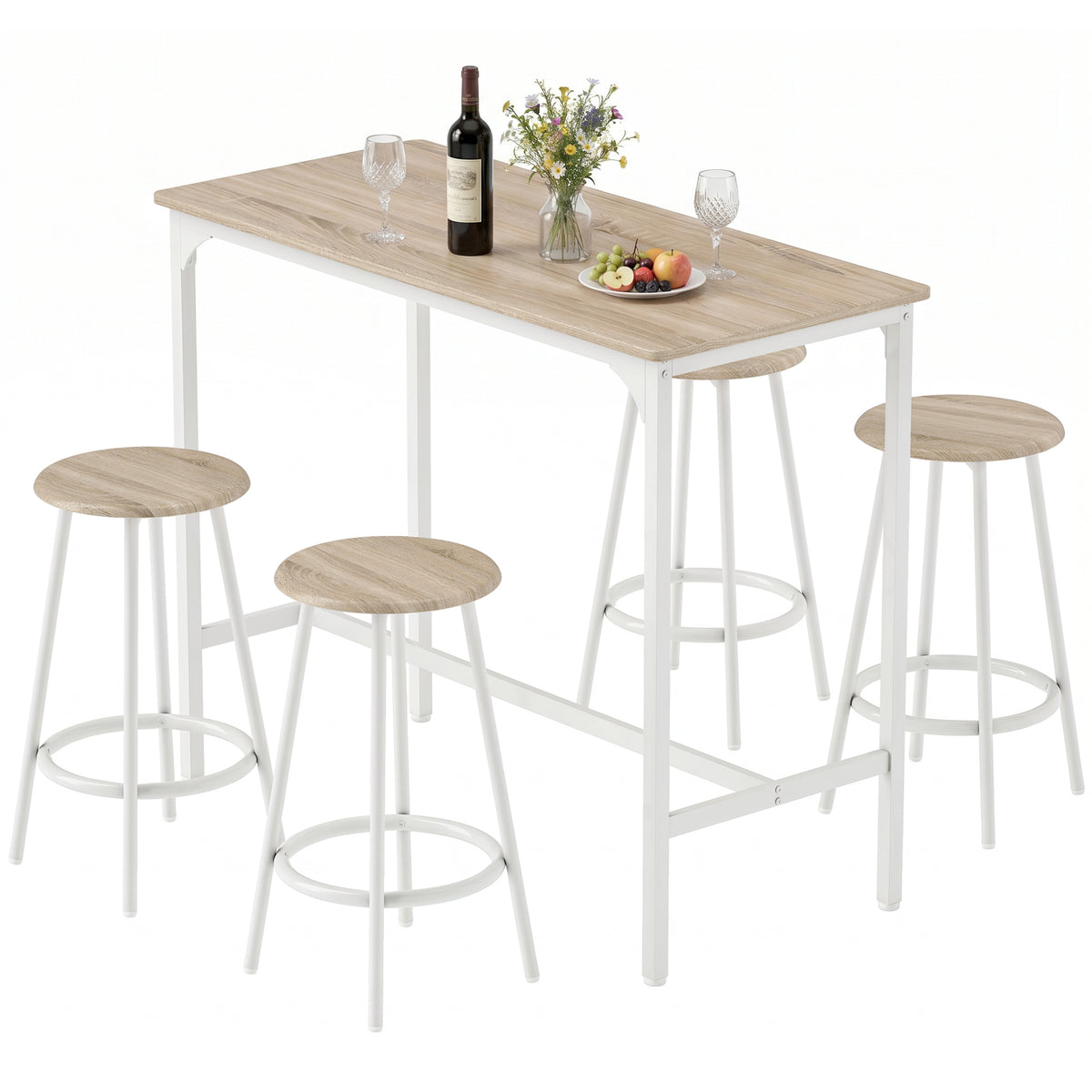 5-teiliges Bartisch-Set für 4 Personen, Industrieller Stehtisch mit Hockern für Küche & Esszimmer, Eiche