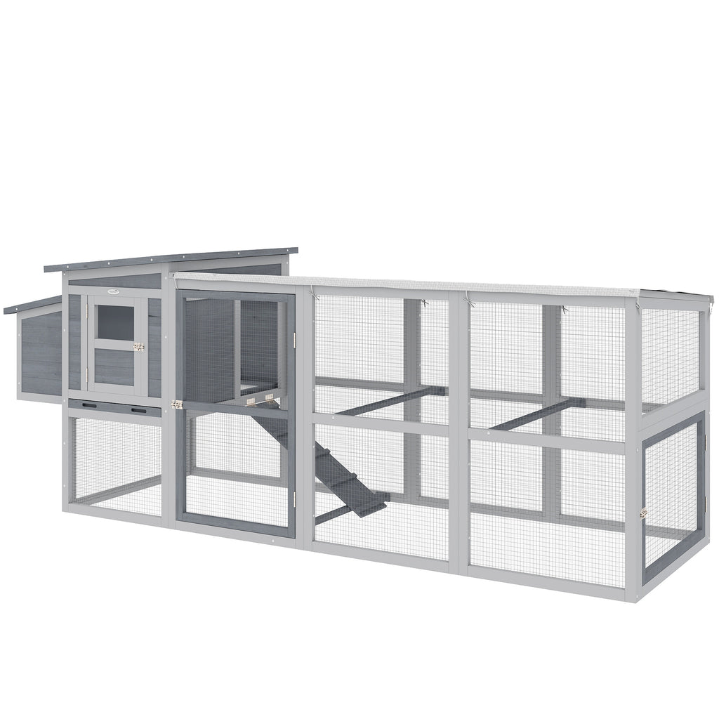 Hühnerstall Hühnerhaus für 3-4 Hühner mit Auslauf Nistkasten Asphaltdach Oxford-Abdeckung Auszugsschublade 264x82x89cm Grau