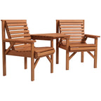 Wooden Garden Love Seat w/ Coffee Table Umbrella Hole, Tan Brown