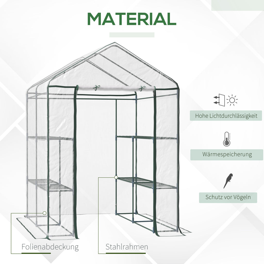  Foliengewächshaus begehbares Gartenhäuschen Tomatengewächshaus Treibhaus Frühbeet mit 6 Regalen Transparent Stahl PVC-Kunststoff 143 x 143 x 195 cm