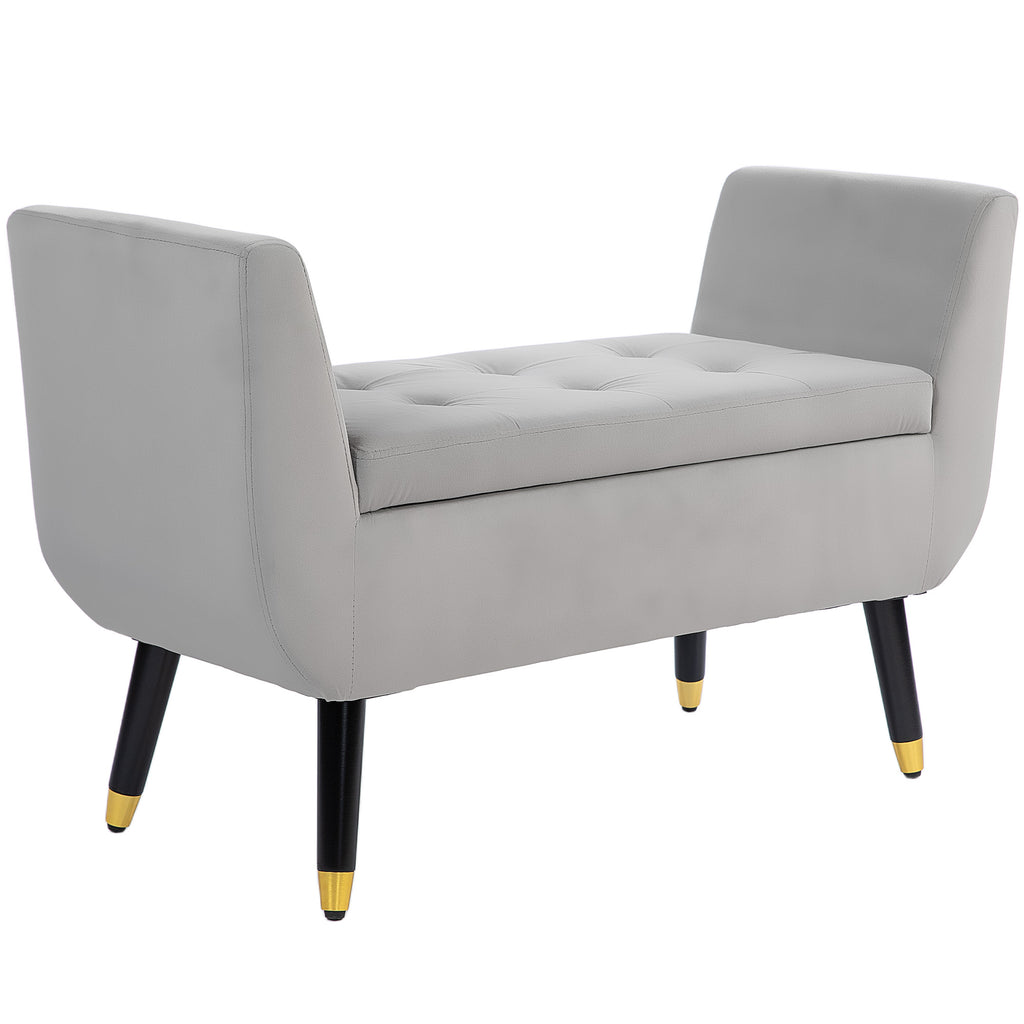 Sitzbank mit Stauraum und Armlehnen, Truhenbank, samtartiges?Polyester, Kautschukholz, Hellgrau, 107 x 42 x 65 cm