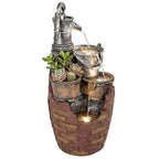 Springbrunnen 4-stufig rustikal Gartenbrunnen mit LED Beleuchtung Pflanzkübel Pumpe, Verstellbar 34 x 31 x 76 cm
