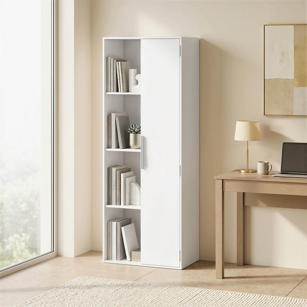 4-stöckiges Bücherregal mit verstellbaren Regalböden, Regal mit Schrank und Türen für Wohnzimmer, Arbeitszimmer, Weiß